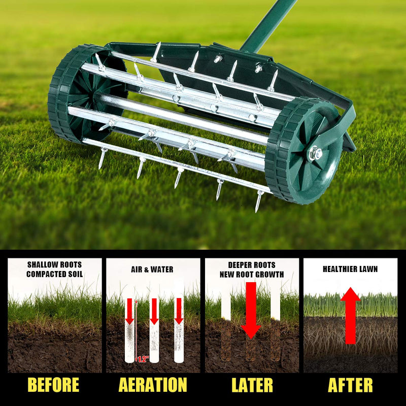 Load image into Gallery viewer, Lawn Aerator 18-inch Garden Yard Rotary Push Tine Heavy Duty Spike Soil Aeration, 40.5-in Handle (Green w/Fender) - GoplusUS
