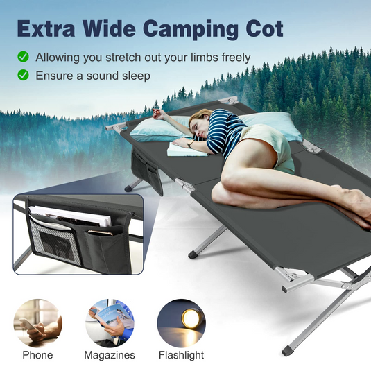 Goplus Camping Cot, 42" Extra Wide Folding Camping Cot w/Storage Pocket - GoplusUS