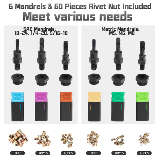 13" Rivet Nut Tool Kit with 6 Metric & SAE Mandrels-M5, M6, M8 - GoplusUS