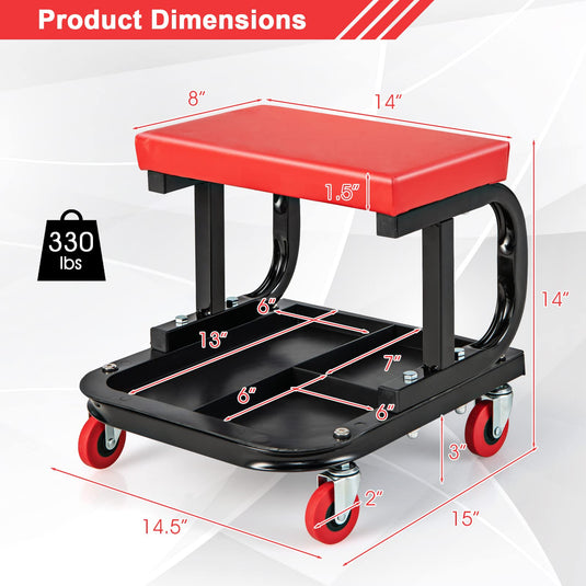 Goplus Mechanic Stool, Rolling Creeper Seat with Cushioned Seat, 4 Universal Wheels, Classified Tool Tray