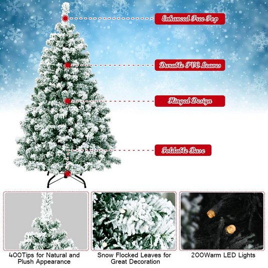Goplus 4.5ft / 6 ft / 7.5ft Artificial Snow Flocked Christmas Tree, Pre-Lit Snowy Hinged Xmas Tree with Led Lights and Metal Stand - GoplusUS