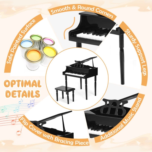 Goplus 30-Key Classical Kids Piano, Mini Grand Piano Wooden Learn-to-Play Musical Instrument Toy with Bench (4 Straight Leg-Black)