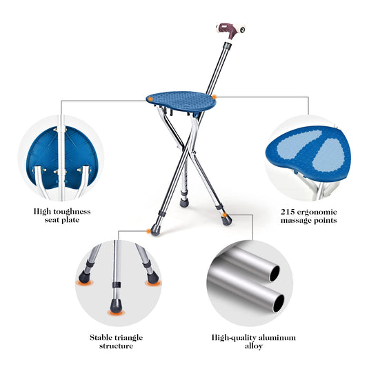 Adjustable Folding Cane Seat, Aluminum Alloy Crutch Chair with LED Light and Retractable 3 Legs - GoplusUS