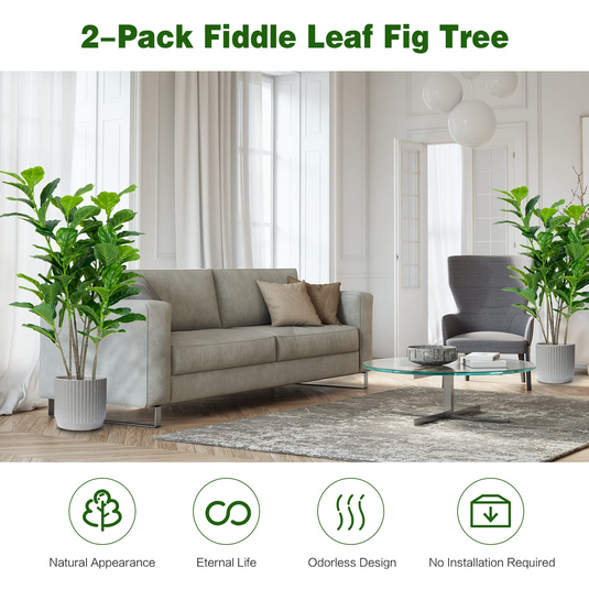 Goplus Fake Fiddle Leaf Fig Tree, 2-Pack 51'' Tall Artificial Tree Greenery Plants in Pots W/100 Leaves - GoplusUS