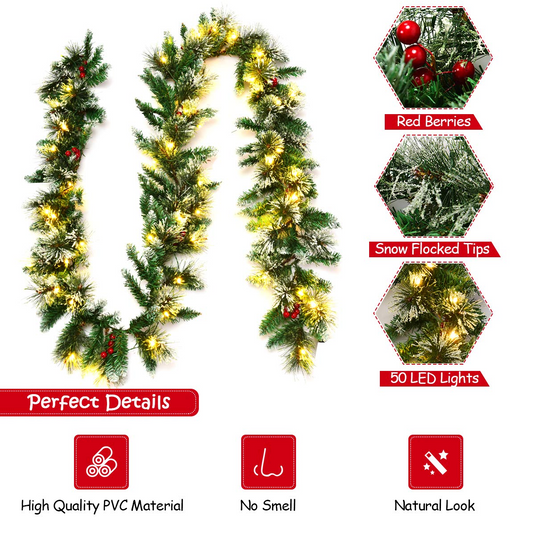 Goplus 9FT Pre-lit Christmas Garland, Artificial Christmas Pine Rattan w/Timer - GoplusUS