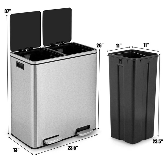 Goplus Dual Trash Can, 60 Liter (2x30L)/ 16 Gallon Stainless Steel Step Trash Can - GoplusUS