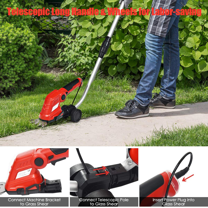 Load image into Gallery viewer, 7.2V Cordless Grass Shear + Hedge Trimmer w/Wheeled Extension Pole and Rechargeable Battery - GoplusUS

