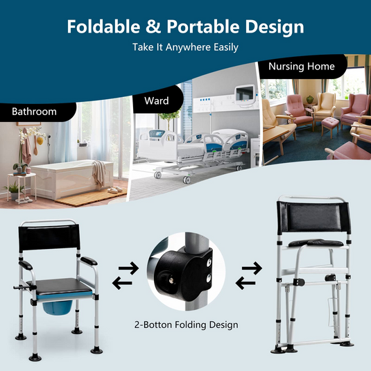 Goplus 4-in-1 Bedside Commode, Folding Toilet Bedside Shower Chair with Detachable Bucket - GoplusUS