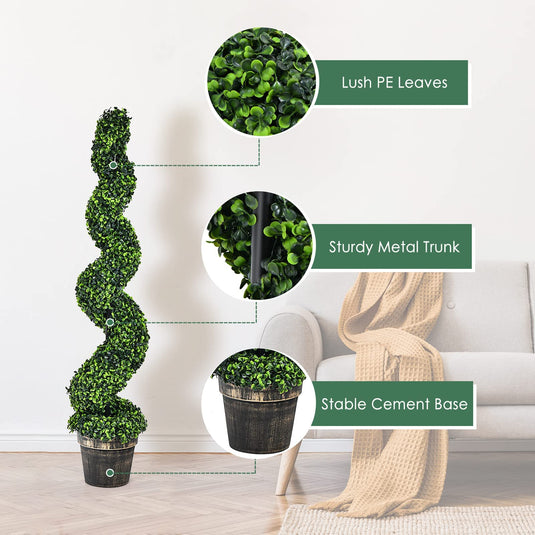 4FT Artificial Spiral Boxwood Topiary Tree Set of 2, Faux Decorative Plants in Cement-Filled Plastic Pot - GoplusUS