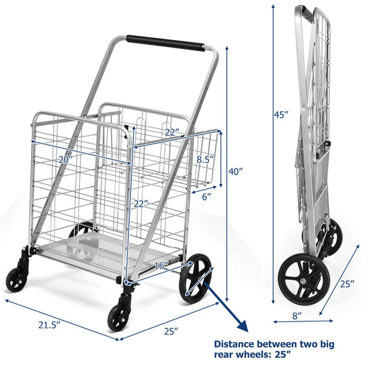 Folding Shopping Cart, Jumbo Double Basket Utility Grocery Cart 330lbs Capacity with 360 degree Rolling Swivel Wheels - GoplusUS
