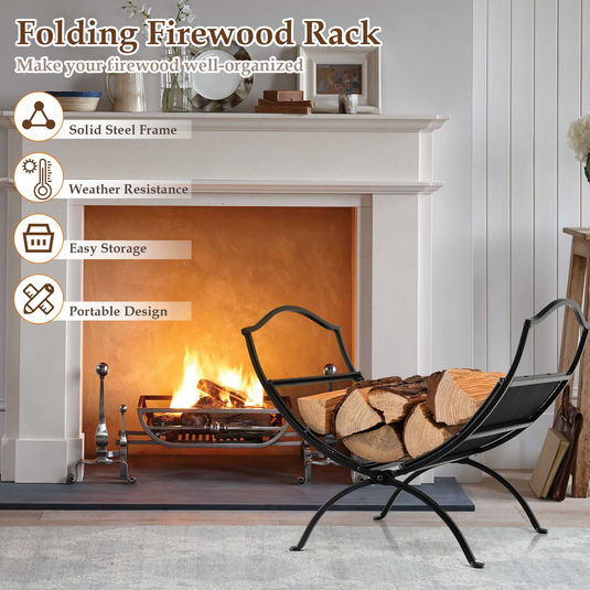 Goplus 19 Folding Firewood Rack, Portable Fireplace Log Rack w/ Convenient Handle, Heavy-Duty Steel Frame - GoplusUS