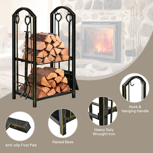 Goplus Firewood Rack with 4 Fireplace Tools, Wrought Iron Log Holders with Poker - GoplusUS