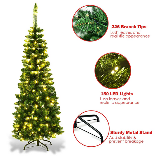 Goplus Prelit Pencil Christmas Tree, 4.5FT Premium Hinged Fir Tree - GoplusUS