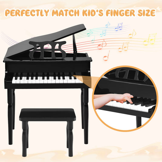 Goplus 30-Key Classical Kids Piano, Mini Grand Piano Wooden Learn-to-Play Musical Instrument Toy with Bench (4 Straight Leg-Black)