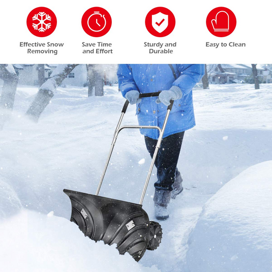 Goplus Rolling Snow Pusher Shovel, Handle Adjustable Snow Removal Tool, Manual Push Plow with 6-inch Wheels for Walkways - GoplusUS