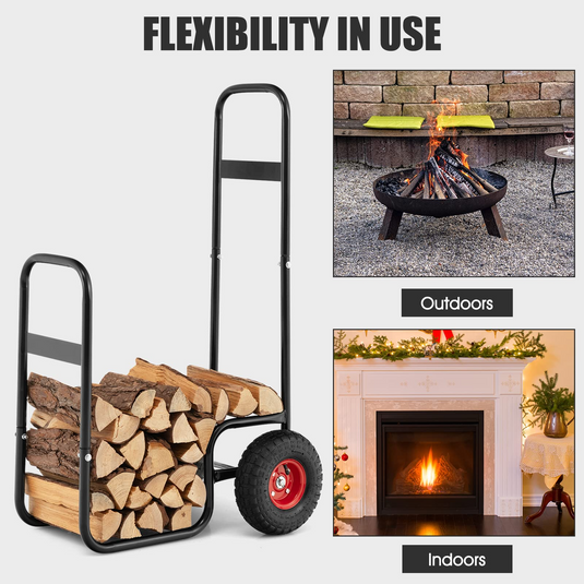 Goplus Firewood Log Cart, Outdoor Indoor Firewood Rack Storage Mover with Wear-Resistant Rubber Wheels - GoplusUS