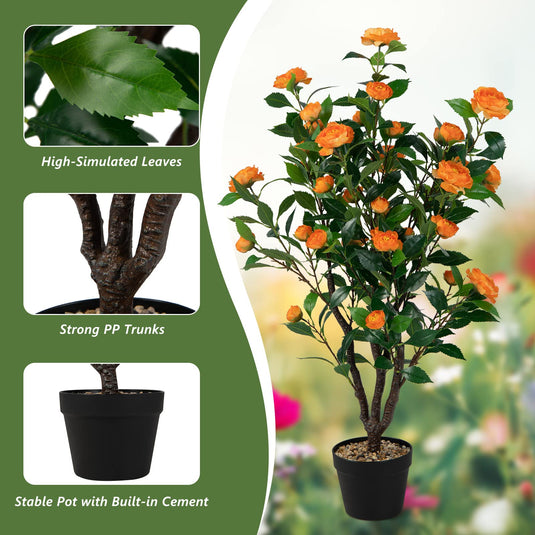 Goplus 40" Artificial Camellia Tree, Flower Plants Artificial Tree, Faux Floral Plant