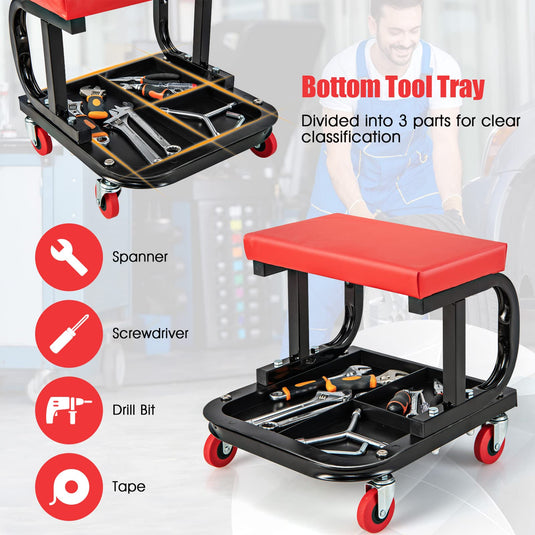 Goplus Mechanic Stool, Rolling Creeper Seat with Cushioned Seat, 4 Universal Wheels, Classified Tool Tray