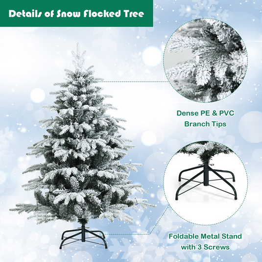 Goplus 4.5ft / 6ft / 7ft Pre-lit Snow Flocked Christmas Tree, Premium Hinged Artificial Pine Tree w/ 120 LED Lights & 757 PE & PVC Branch Tips - GoplusUS