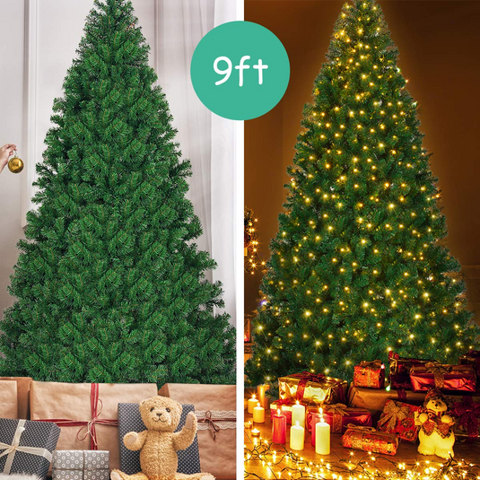Goplus 9ft Artificial Pre-lit Christmas Tree Premium Spruce Hinged Tree with 700 LED Lights and Solid Metal Stand - GoplusUS