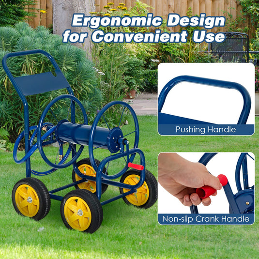 Goplus Garden Hose Reel Cart, Heavy Duty Water Planting Cart w/Non-Slip Crank Handle, 4 Solid Wheels, Grey