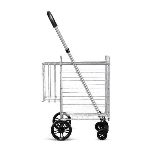 Folding Shopping Utility Cart, Double Basket and 360 Swivel Wheels, Adjustable Handle - GoplusUS