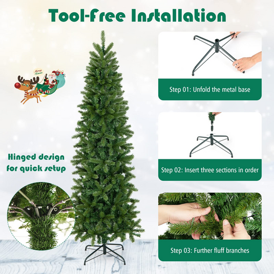 Goplus 6ft / 7ft Pre-Lit Pencil Christmas Tree, Hinged Artificial Slim Tree with 648 PVC PE Branch Tips - GoplusUS