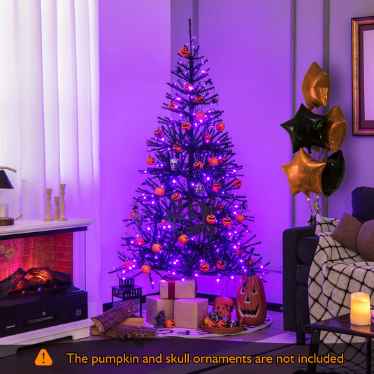 Goplus 6ft Pre-lit Black Halloween Tree, Hinged Artificial Christmas Tree w/ 250 Purple LED Lights - GoplusUS