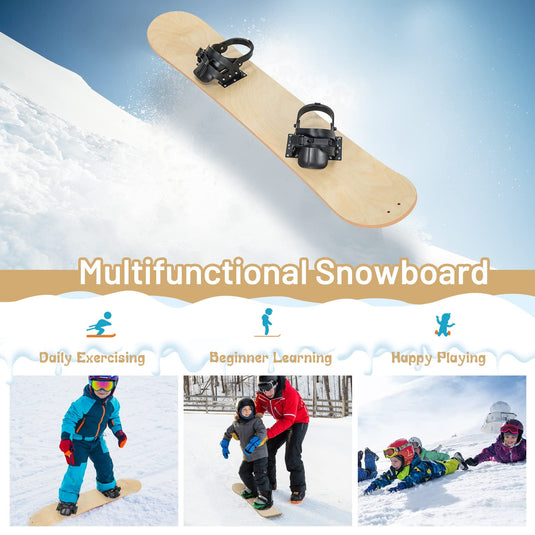 Wood Snowboard, Sledding Board W/ Adjustable Step-in Bindings, Contoured Foot Deck