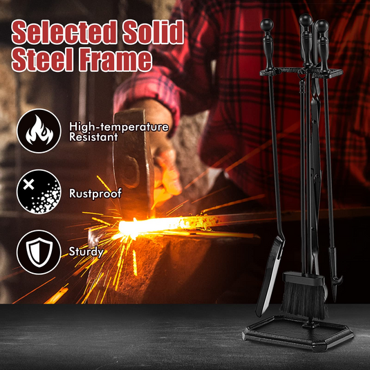 Goplus 5-Piece Fireplace Tools Set, Heavy Duty Steel Fireplace Tools with Poke, Shovel, Fire-resistant Palm Brush, Tong,Stand - GoplusUS