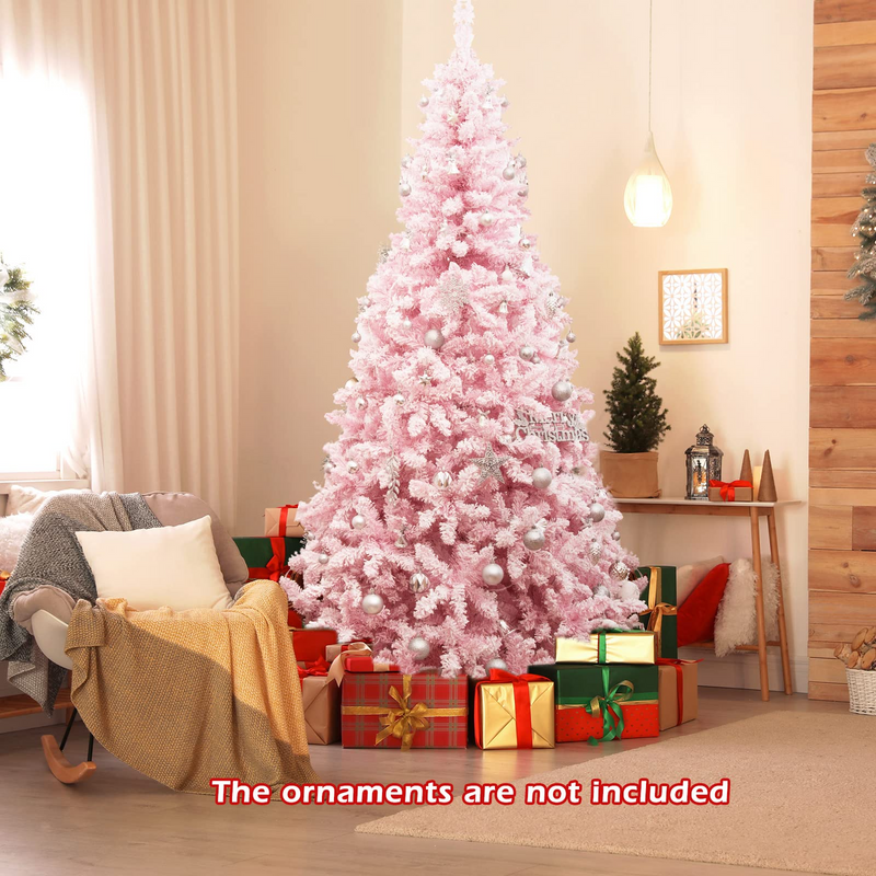 Goplus 7.5ft Pink PreLit Christmas Tree, Hinged Artificial Snow Flock Pink Pre Lit Christmas Tree