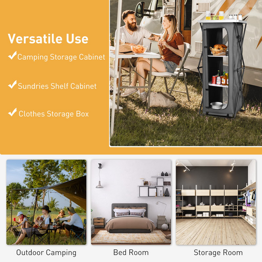 Goplus Folding Camping Storage Cabinet, Pop Up Outdoor Camping Kitchen Station with Large 3-Tier Storage Organizer - GoplusUS