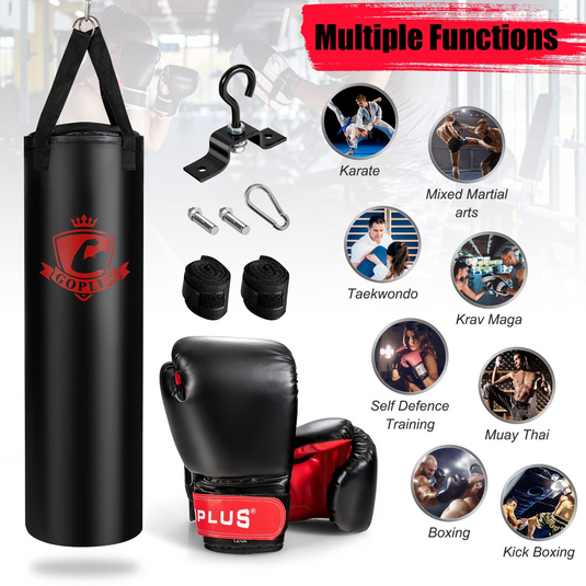 Goplus Punching Bag for Adults, 63LBS Filled Hanging Boxing Bag Set with 12OZ Boxing Gloves & 95" Hand Wraps - GoplusUS