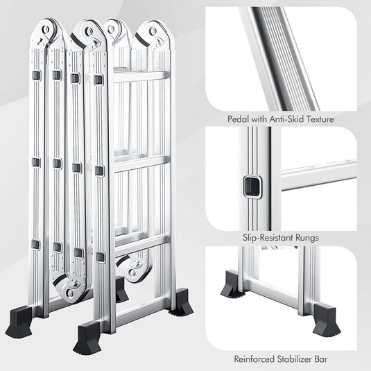 Goplus 12.2 FT Folding Step Ladder, 7-in-1 Multiposition Aluminium Extension Ladder with Reinforced Stabilizer Bar & Non-Slip Foot Pads - GoplusUS