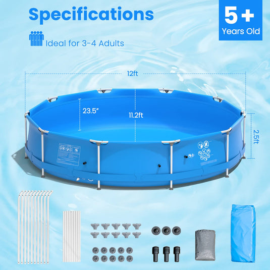 Above Ground Swimming Pool, 12ft x 12ft x 30inch Outdoor Steel Frame Pool - GoplusUS