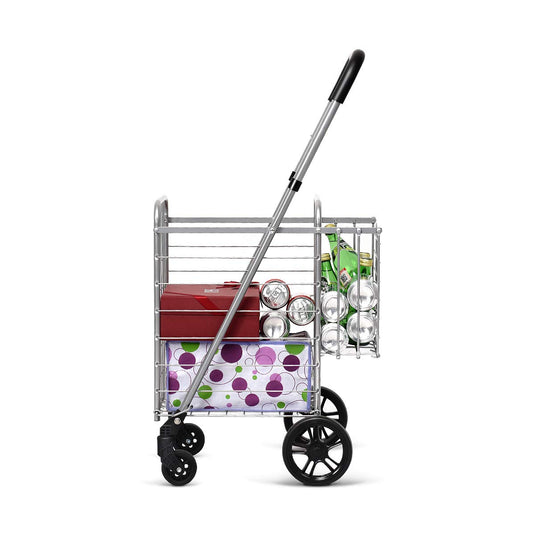 Folding Shopping Utility Cart, Double Basket and 360 Swivel Wheels, Adjustable Handle - GoplusUS