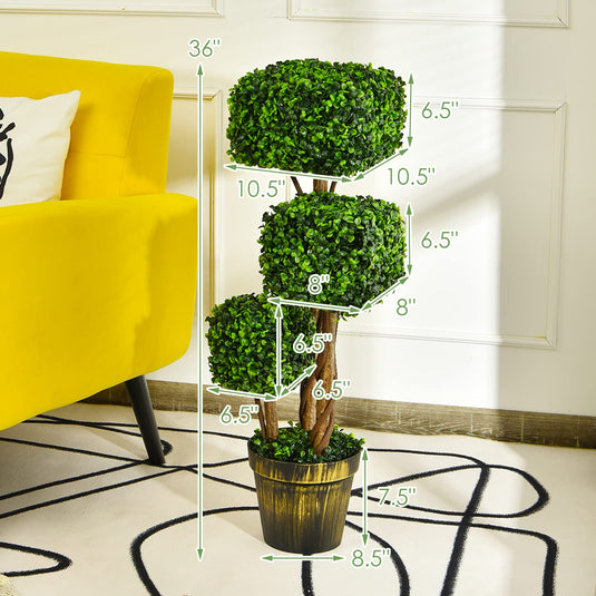 36' Artificial Triple Square Shaped Boxwood Topiary Tree W/ Cement-Filled Plastic Pot - GoplusUS