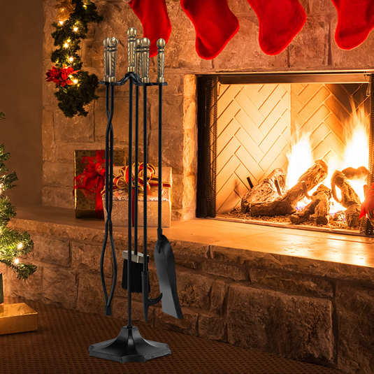 Goplus Fireplace Tool Set, Outdoor Modern Fireplace Tools with Poker, Shovel, Fire-Resistant Brush, Tong, Stand - GoplusUS