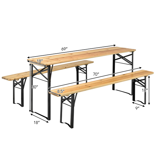Goplus 70" 3-Piece Portable Folding Picnic Table Bench Set, Portable Picnic Beer Table w/Wooden Tabletop