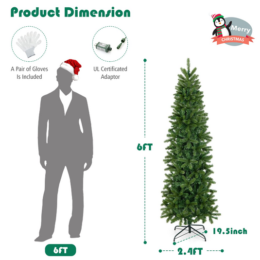Goplus 6ft / 7ft Pre-Lit Pencil Christmas Tree, Hinged Artificial Slim Tree with 648 PVC PE Branch Tips - GoplusUS