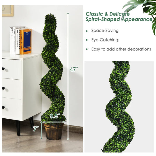 4FT Artificial Spiral Boxwood Topiary Tree Set of 2, Faux Decorative Plants in Cement-Filled Plastic Pot - GoplusUS