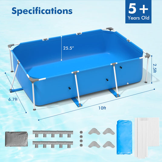 Outdoor Above Ground Pool, 10ft x 6.7ft x 30in Rectangular Frame Swimming Pools - GoplusUS
