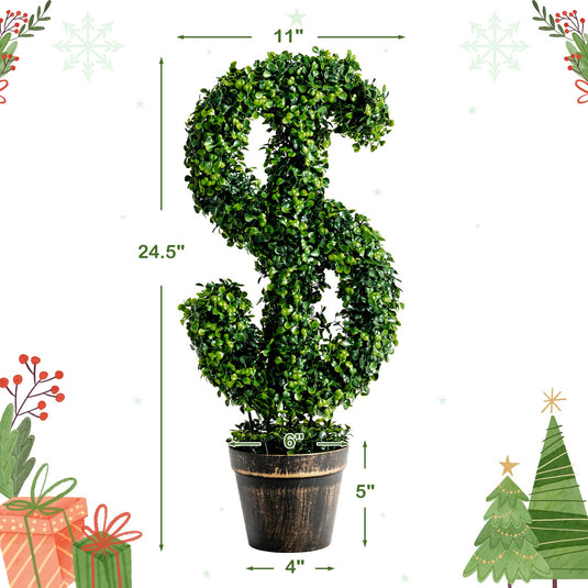 24.5" Artificial Boxwood Topiary Tree, Dollar-Shaped Fake Greenery Plant W/Cement-Filled Plastic Pot, Moss - GoplusUS