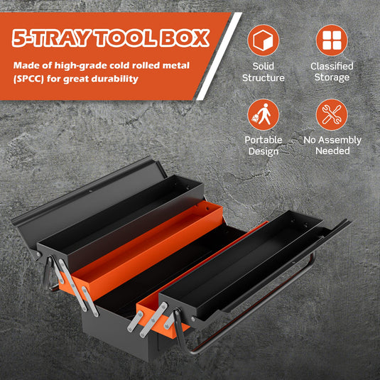 Goplus 22-Inch Metal Tool Box, 3-Layer 5-Tray Portable Folding Tool Chest Organizer with Handle & Lock Hole - GoplusUS