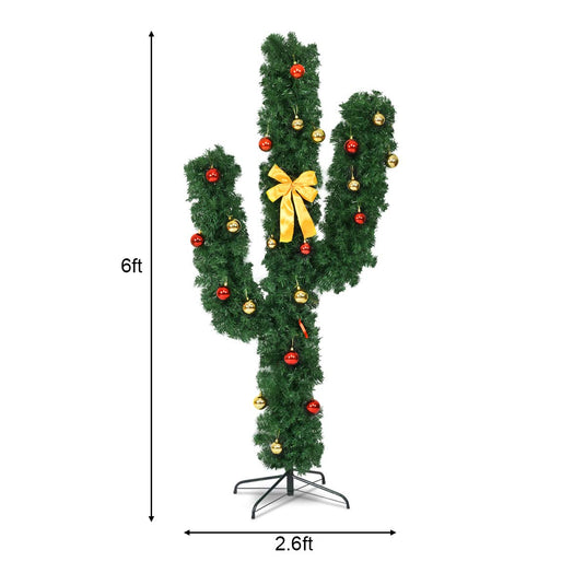 Goplus Pre-Lit Artificial Cactus Christmas Tree with LED Lights and Ball Ornaments - GoplusUS