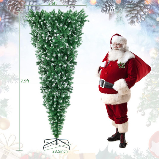 Goplus 7.5ft Pre-lit Upside Down Christmas Tree, Hinged Inverted Artificial Xmas Tree W/ 1100 Snowy Branch Tips - GoplusUS