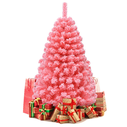 Goplus 4.5ft Pink Artificial Christmas Tree, Unlit Hinged Snow Flocked Xmas Tree w/ 348 PVC Branch Tips & Metal Stand - GoplusUS