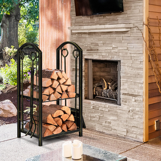 Goplus Firewood Rack with 4 Fireplace Tools, Wrought Iron Log Holders with Poker - GoplusUS