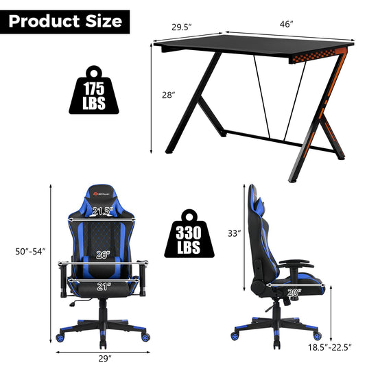 Goplus Gaming Desk & Chair Combo Set, Racing Style Home Office Gamer Workstation w/Massage Lumbar Support & Headrest - GoplusUS