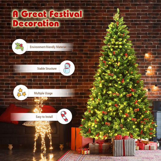 Goplus 7.5FT Pre-Lit Christmas Tree with 550 LED Lights, Hinged Artificial Christmas Tree with 1526 Branch Tips - GoplusUS